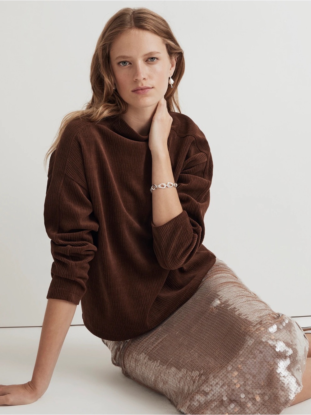 Madewell Striped Jacquard Funnelneck Top in Hot Cocoa brown